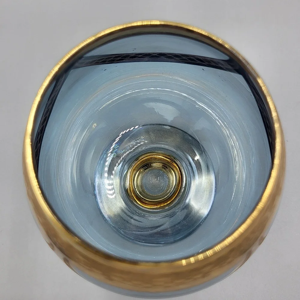 Vintage MCM Italian Brandy Snifter Set 2 Blue Gold Encrusted Filigree Glassware
